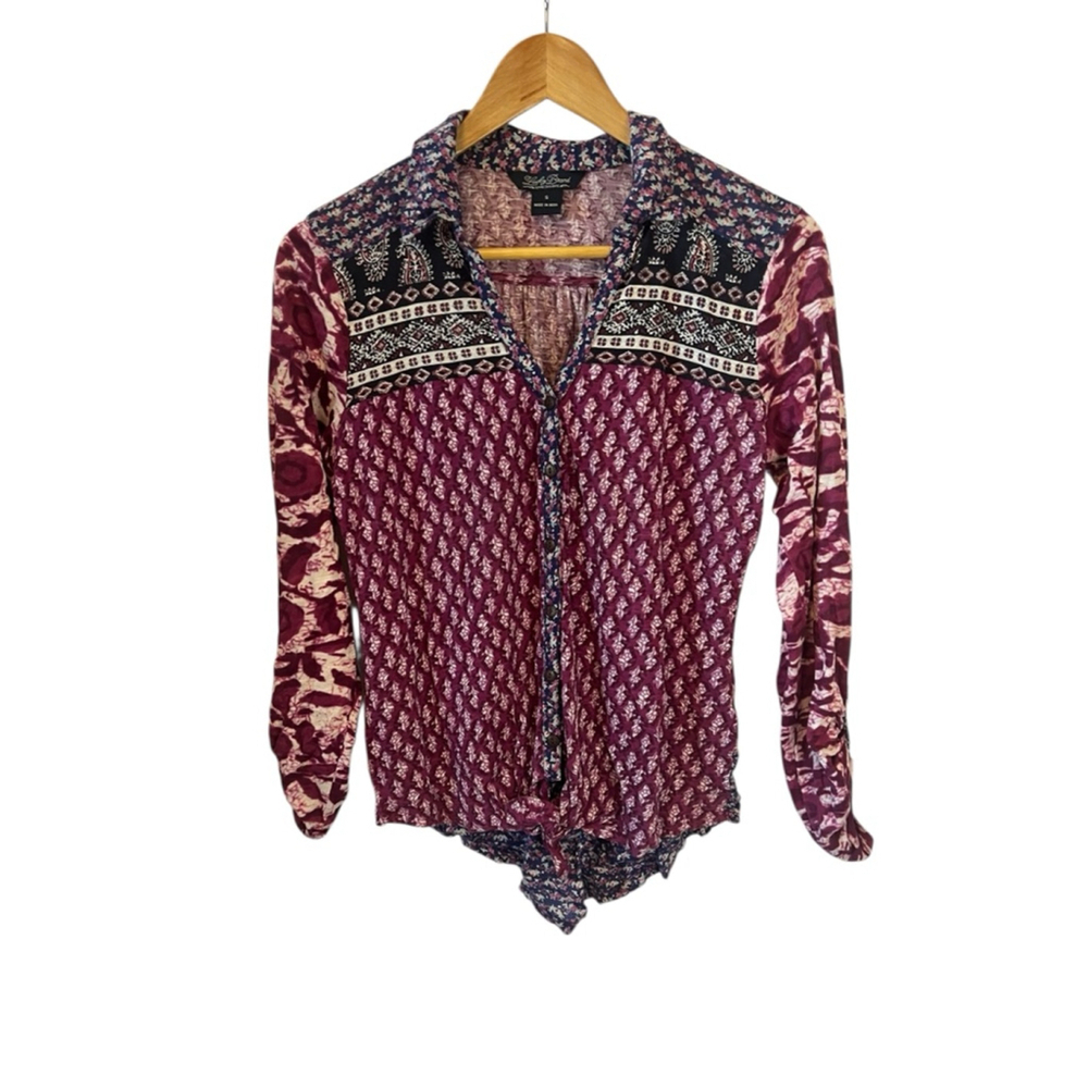 Women's Lucky Brand Button Down Shirt S Purple Blue Floral Print